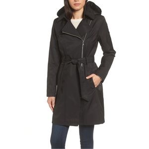 New Vince Camuto Black Asymmetrical Zip Remove Hooded Rain Jacket Trench Coat XS